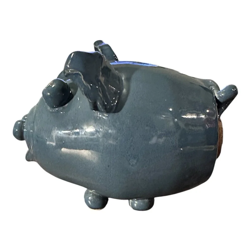 Handmade Studio Pottery Blue/Gray Ceramic Pig Piggy Bank Cork Stopper Folk Art